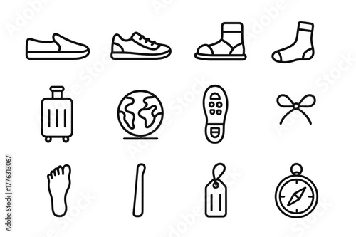 Travel Shoe Icons. Travel shoes. Line outline icon set of travel shoes: slip-ons, sneakers, sandals, socks,