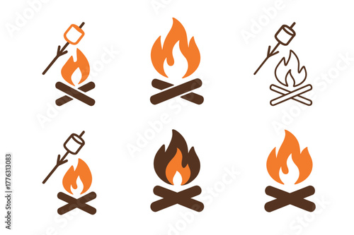 Bonfire Logo Variations. Bonfire. Set Logo of bonfire: marshmallow on stick. Icon set. harmonious logo variations of the same emblematic concept, each with