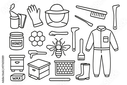 Beekeeper Essentials Doodle. Beekeeper tools. Hand-drawn doodle illustration smoker, gloves, hat, hive tool, brush, jar, honeycomb, frame, box, scraper, tongs,
