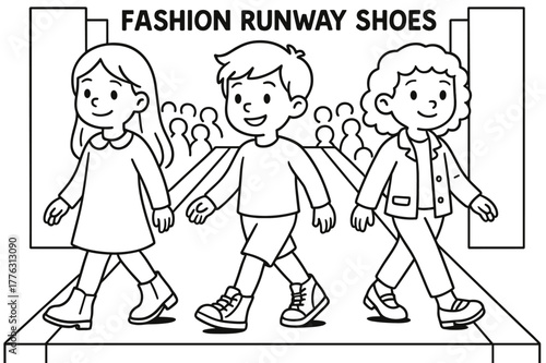 Kids' Fashion Coloring Page. Fashion runway shoes children?s coloring book illustration, outlined drawing,