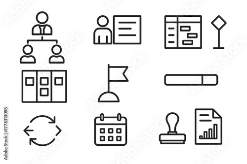 Project Management Icons. Project management hierarchy. Line icon set of project management hierarchy: project manager, task owner, gantt chart, milestone,