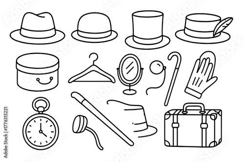 Vintage Hat Doodles. Old Hat. Hand-drawn doodle illustration Old Hat vintage hat, fedora, bowler hat, top hat, straw hat, ribbon band, feather, hat box,