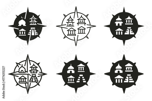 Cultural Heritage Logos. Celebrating diversity through cultural heritage sites. Set Logo of celebrating diversity through cultural heritage sites: compass rose