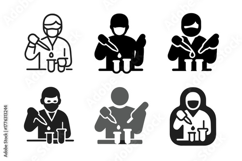 Scientific Logo Variations. Laboratory assistants performing hands-on tasks. Set Logo of Laboratory assistants performing hands-on tasks: pipette transferring