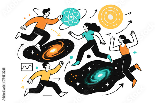 Abstract Cosmic Motion. Theoretical universe. Glowing abstract models of galaxies, particles, and energy