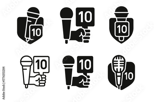 Karaoke Logos. Karaoke events and competitions. Set Logo of karaoke events and competitions: judge scorecards /. Icon set. harmonious logo variations of the