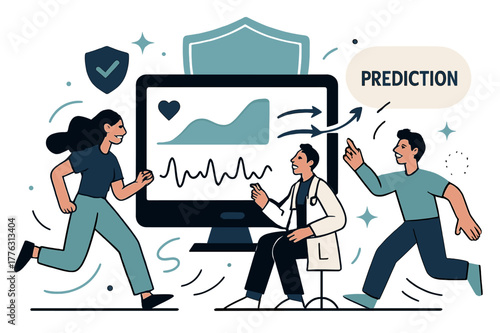 Preventive Analytics in Healthcare. Healthcare Tech ? Preventive Analytics. A screen displays smooth graphs and heart rate trends; arrows flow forward to