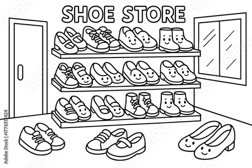 Smiling Shoes Coloring Illustration. Shoe store children?s coloring book illustration, outlined drawing,