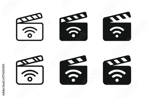 Logo Emblem Variations. Content series branding. Set Logo of content series branding: clapperboard with streaming symbol. Icon set. harmonious logo variations