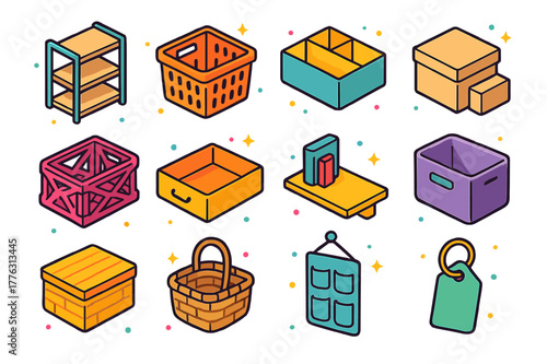 Minimalist Storage Icons. Minimalist storage solutions. Colorful isometric vector icons set of Minimalist storage solutions: open shelving, storage basket,