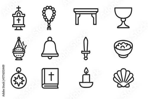 Ritual Icons Set. Ritual and religious relics. Line icon set of ritual and religious relics: reliquary, prayer bead, altar fragment, chalice, incense thurible,