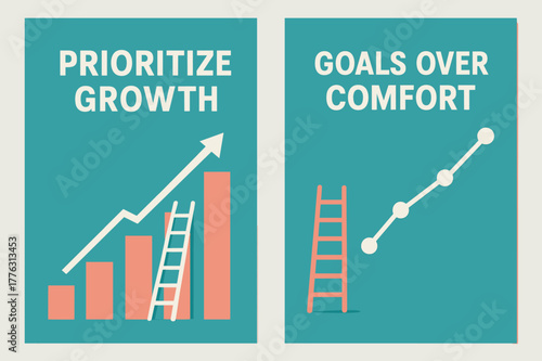 Prioritize Growth Banners. Prioritize growth. Two vertical A6 banners with safe margins, centered composition, no elements touching edges, modern, turquoise