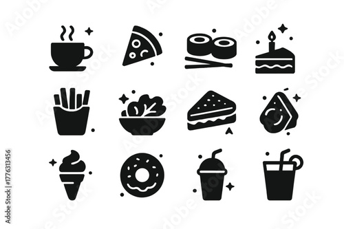 Food Icons Collection. Food and Beverage. Solid icons set of food and beverage: coffee, pizza, sushi, burger, fries, salad, sandwich, cake, ice cream, donut,