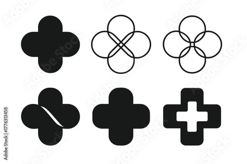 Diverse Medical Cross Logos. Medical cross symbol. Set Logo of Medical cross symbol: cross formed by overlapping circles. Icon set. harmonious logo variations