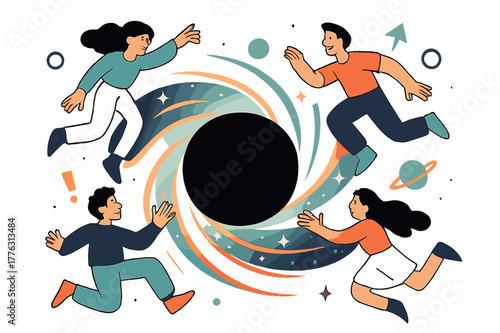 Dynamic Black Hole Scene. Black hole effect. A dark sphere bending glowing star trails and light around it,