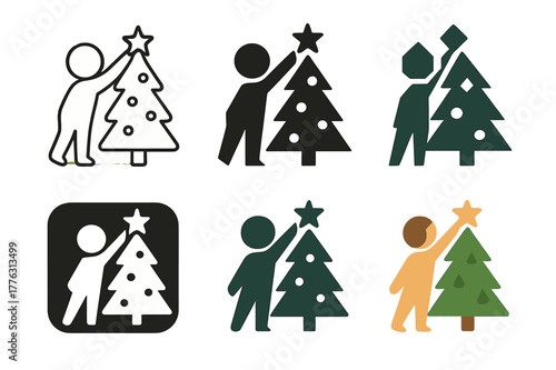 Holiday Traditions Icons. Holiday traditions with kids (e.g., decorating Christmas tree, Easter egg hunt). Set Logo of Holiday traditions with kids (e.g.,