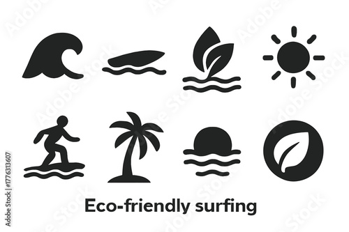Eco Surf Icon Set. Eco-friendly surfing. Filled icon set of eco-friendly surfing: wave icon, surfboard on