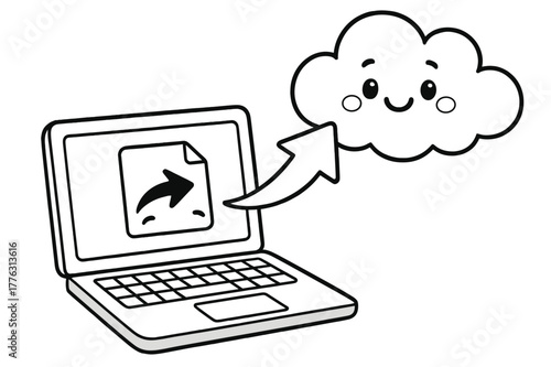 Cloud Upload Coloring Fun. Uploading to the cloud children?s coloring book illustration, outlined drawing, a cheerful laptop sending a file with an arrow