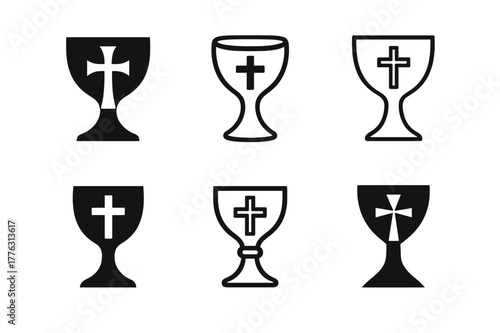 Chalice Emblem Logos. Christian denominations and their beliefs. Set Logo of Chalice: communion cup. Icon set. harmonious logo variations of the same