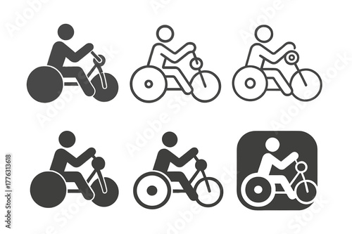 Adaptive Fitness Icons. Adaptive fitness and exercise routines. Icon set. Set Logo of adaptive fitness and exercise routines: handcycle exercise