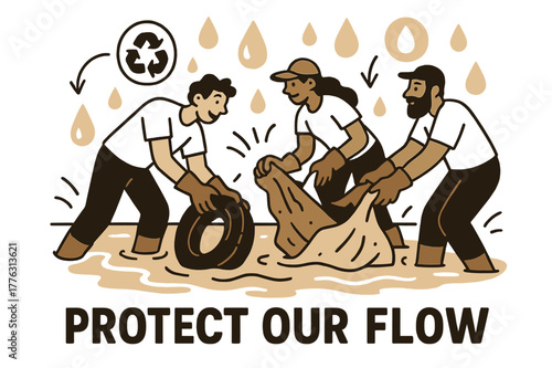 River Cleanup Action. River Ecosystem ? River Cleanup. Volunteers lift debris with gloved hands; floating icons of recycling and water drops circle around.