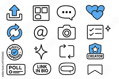Social Media Icons. // User-generated content push. Hand-drawn doodle illustration user-generated content push [upload arrow (accented), gallery grid, comment