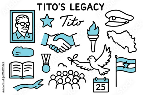 Tito's Legacy Icons. // Tito?s legacy. Hand-drawn doodle illustration Tito?s legacy [portrait frame (accented), signature (accented), star badge (accented),