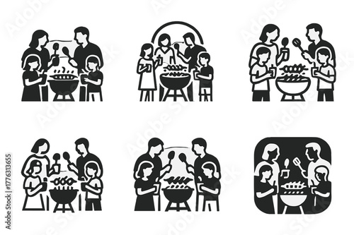 Family BBQ Logo Variations. A family enjoying a BBQ in the backyard, with grilled meats and vegetables. Set Logo of A family enjoying a BBQ in the backyard,