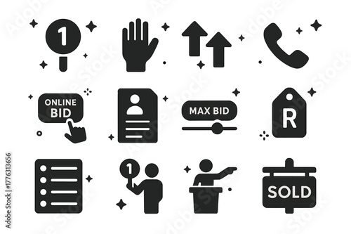 Auction Icons Collection. Bidding and paddles. Solid icons set of Bidding and paddles: numbered paddle, raised hand, bidding arrows up, phone headset, online