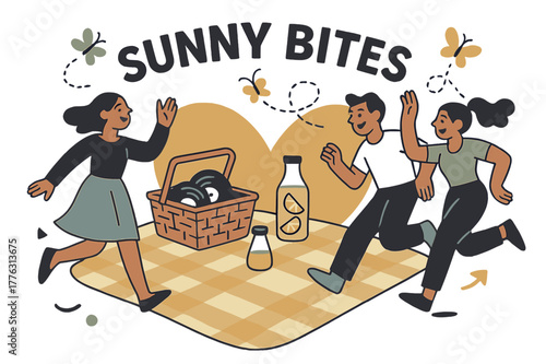 Vintage Picnic Charm. Vintage picnic. A wicker basket opens to vinyls and lemonade; a checkered blanket becomes a big soft heart. ?Sunny bites? floats as