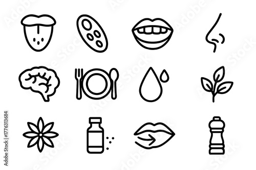 Sensory Icon Set. Sensory experience. Line outline icon set of sensory experience: tongue, taste buds, mouth,