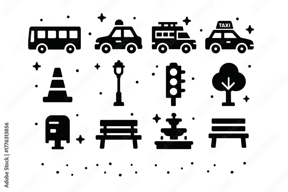 Fototapeta premium City Icons. City Elements. Solid icons set of City Elements: bus, police car, fire truck, taxi, construction cone, lamppost, stoplight, tree,