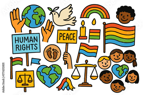 Human Rights Symbols. Human rights movement. Colorful Hand-drawn doodle Children illustration Human rights movement earth, open hands, dove, candle, protest
