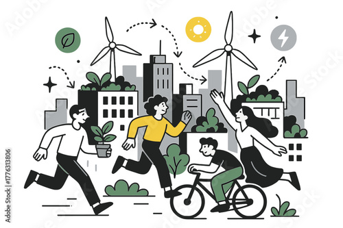 Sustainable Urban Skyline. Urban sustainability. City skyline with rooftops covered in gardens and wind turbines; dotted lines show energy circulation. Lively,