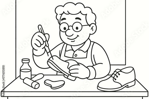 Cobbler Coloring Fun. Shoe maker children?s coloring book illustration, outlined drawing, friendly cobbler