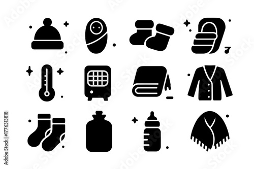 Warmth Icons Set. Warmth care for babies and elderly. Solid icons set of Warmth care for babies and elderly: baby hat, swaddle, booties, stroller footmuff,