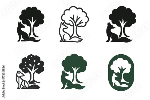 Forest Spirit Logos. A forest spirit guarding an ancient oak tree. Set Logo of a forest spirit guarding an ancient oak tree: fox spirit silhouette beside oak.