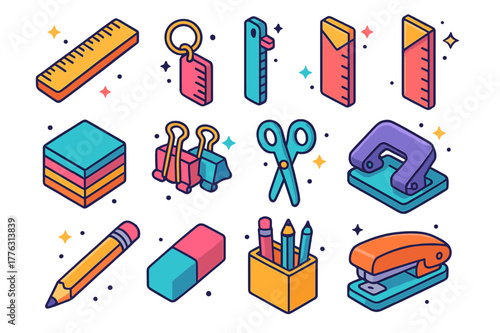 Colorful Stationery Icons. Office stationery measuring. Colorful isometric vector icons set of Office stationery measuring: desk ruler, mini ruler keychain,