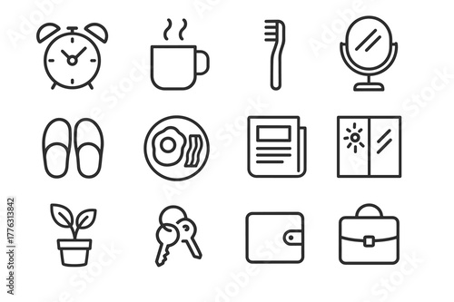 Morning Routine Icons. Morning Routine. Line icon set of Morning Routine: alarm clock, steaming mug, toothbrush, mirror, slippers, breakfast plate, newspaper,