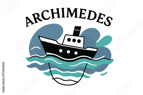Archimedes' Buoyant Journey. Boat Displacement at Sea. A ship hull cuts through stylized waves; volume lines beneath show buoyant displacement. Floating