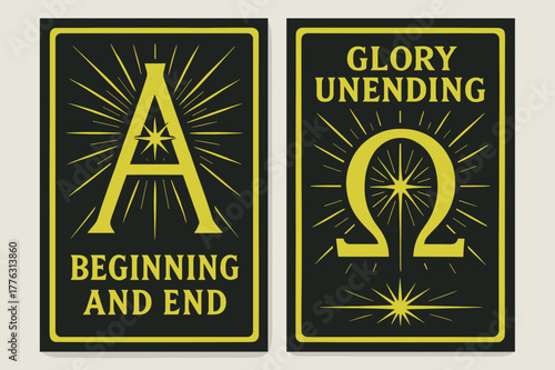 Alpha and Omega Banners. Alpha and Omega. Two vertical A6 banners with safe margins, centered composition, no elements touching edges, retro, charcoal and neon