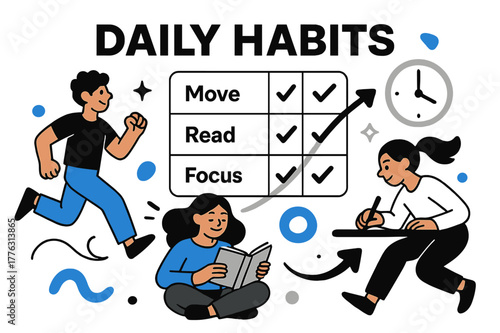 Daily Habits Vision. Vision Board ? Daily Habits. A neat habit grid with checkmarks gliding across; labels ?Move, Read, Focus?. A minimal clock and arrow loop