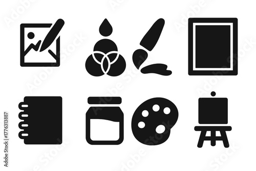 Creative Icons Grid. Creative process. Filled icon set of creative process: sketching, color mixing, brush