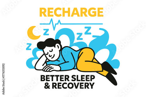Restful Sleep Illustration. Better Sleep & Recovery. A calm figure rests as floating moon icons and gentle Z-shapes overlap. ?Recharge? glows softly above a