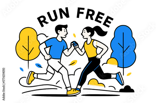 Morning Joggers. People engaging in sports and recreational activities ? Morning jog in the park. Two runners glide past stylized trees; curved motion lines