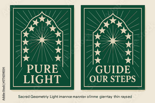 Sacred Geometry Banners. Sacred Geometry Light. Two vertical A6 banners with safe margins, centered composition, no elements touching edges, geometric, emerald