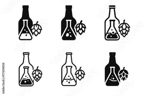 Creative Beer Logos. Home-brewed beer making and bottle design. Set Logo of home-brewed beer making and bottle design: bottle label. Icon set. harmonious logo