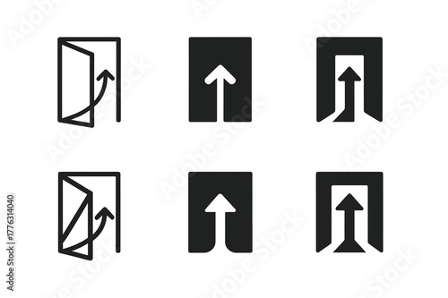 Empowerment Logo Variations. Creating opportunities. Set Logo of Creating opportunities: open doorway with rising arrow. harmonious logo variations of the same