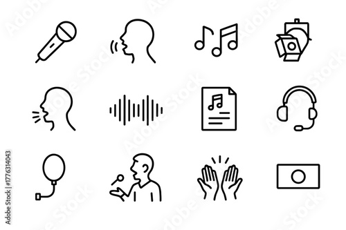 Vocal Performance Icons. Vocal Performance. Line icon set of Vocal Performance: microphone, singer silhouette, music notes, stage light, vocal warmup, sound