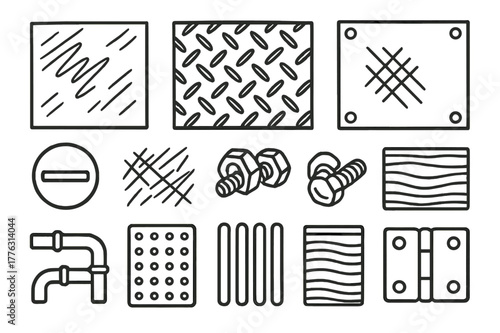 Metal Texture Doodles. Metal textures. Hand-drawn doodle illustration metal textures brushed steel, grid plate, rivets, mesh, screw head, scratched surface,